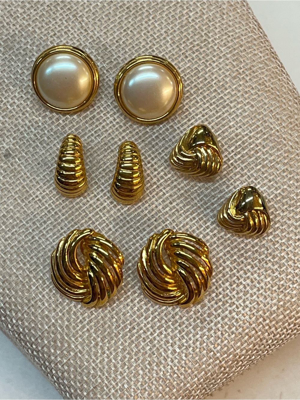 80’s Designer (2 Monet & 2 Napier) Gold and Pearl Tone Pierced Earring Set of 4